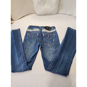 MISS "C" Y2K Blue Bedazzled Low Rise Bootcut Jeans 26X31 Angel Wings,EUC